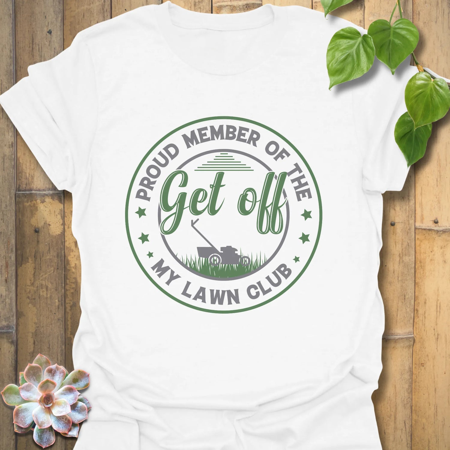 White t-shirt featuring the design Proud Member of the My Lawn Club with a bold lawn care graphic.