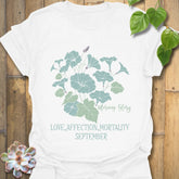 White t-shirt featuring the design September Morning Glory with a flower print, a stylish floral graphic tee perfect for everyday wear.