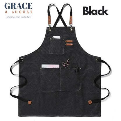 Adjustable Cross-Back Canvas Apron | Durable with Large Pockets – Ideal for BBQ, Workshop, and Crafting black / OneSize Apron