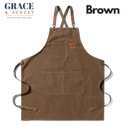 Adjustable Cross-Back Canvas Apron | Durable with Large Pockets – Ideal for BBQ, Workshop, and Crafting brown / OneSize Apron