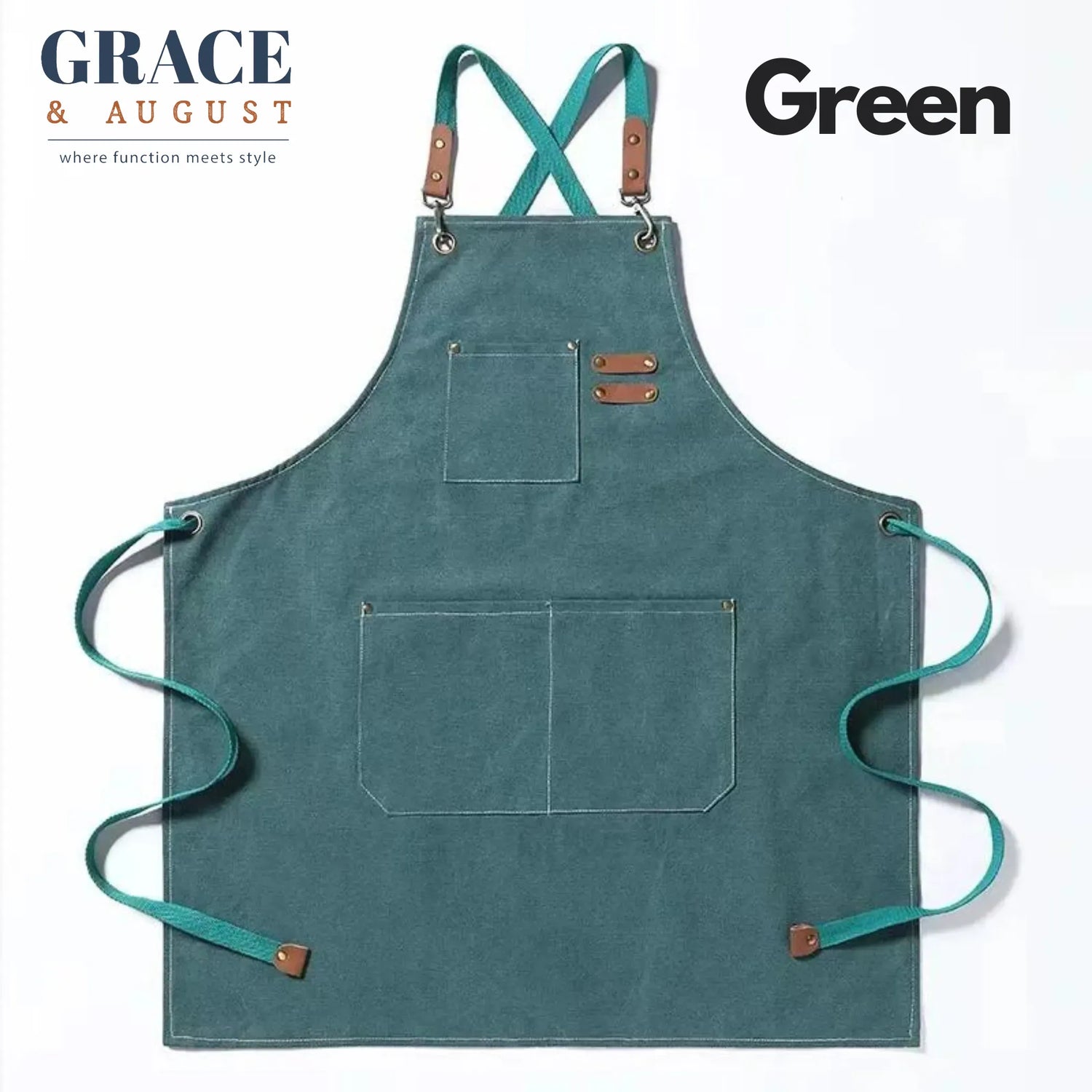 Adjustable Cross-Back Canvas Apron | Durable with Large Pockets – Ideal for BBQ, Workshop, and Crafting Green / OneSize Apron