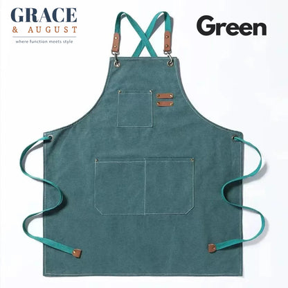 Adjustable Cross-Back Canvas Apron | Durable with Large Pockets – Ideal for BBQ, Workshop, and Crafting Green / OneSize Apron