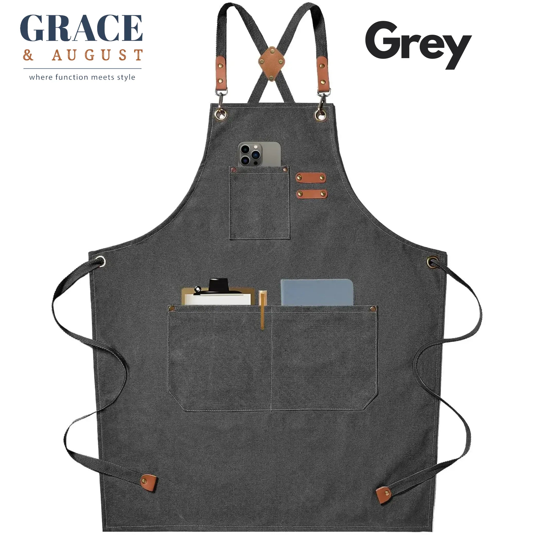 Adjustable Cross-Back Canvas Apron | Durable with Large Pockets – Ideal for BBQ, Workshop, and Crafting grey / OneSize Apron