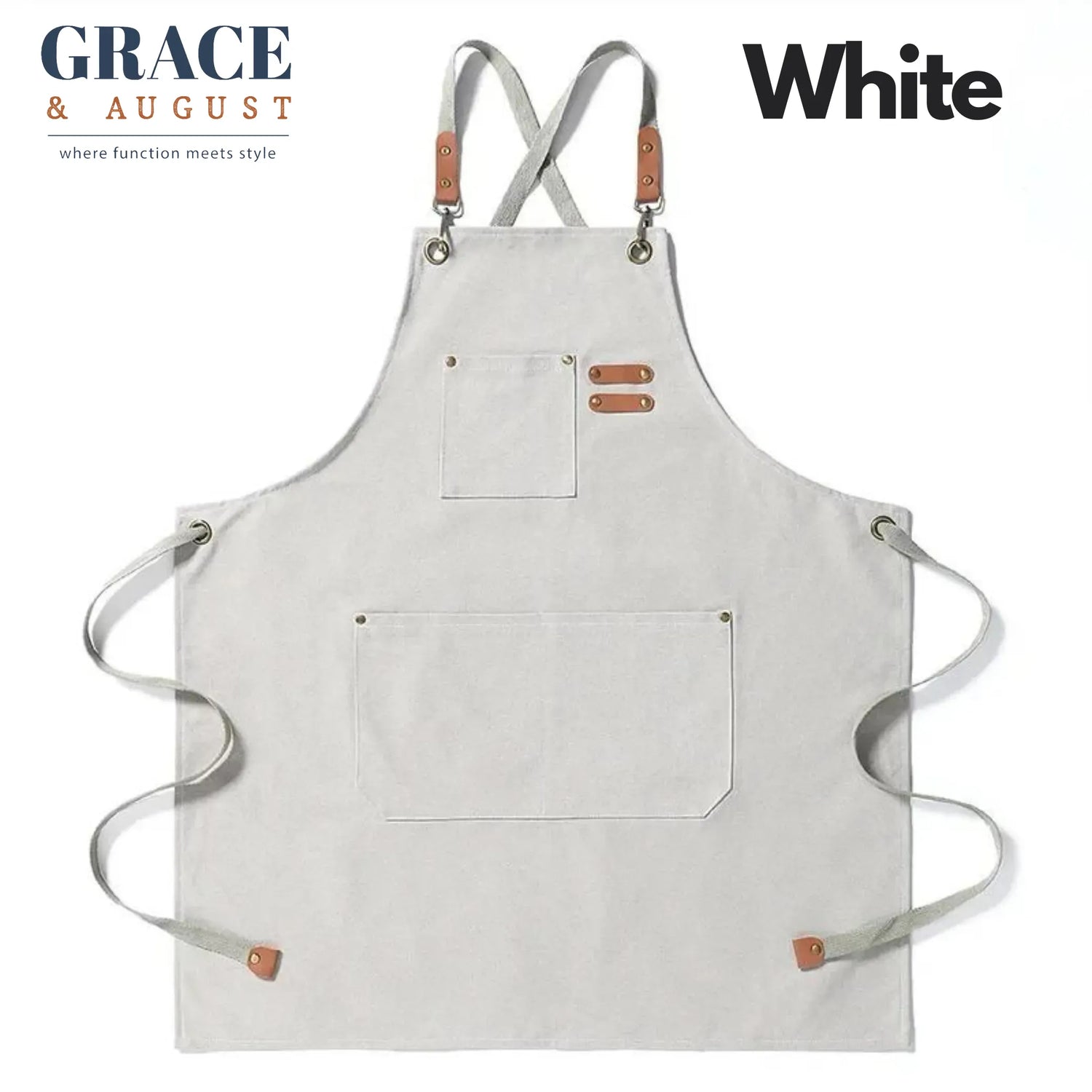 Adjustable Cross-Back Canvas Apron | Durable with Large Pockets – Ideal for BBQ, Workshop, and Crafting white / OneSize Apron