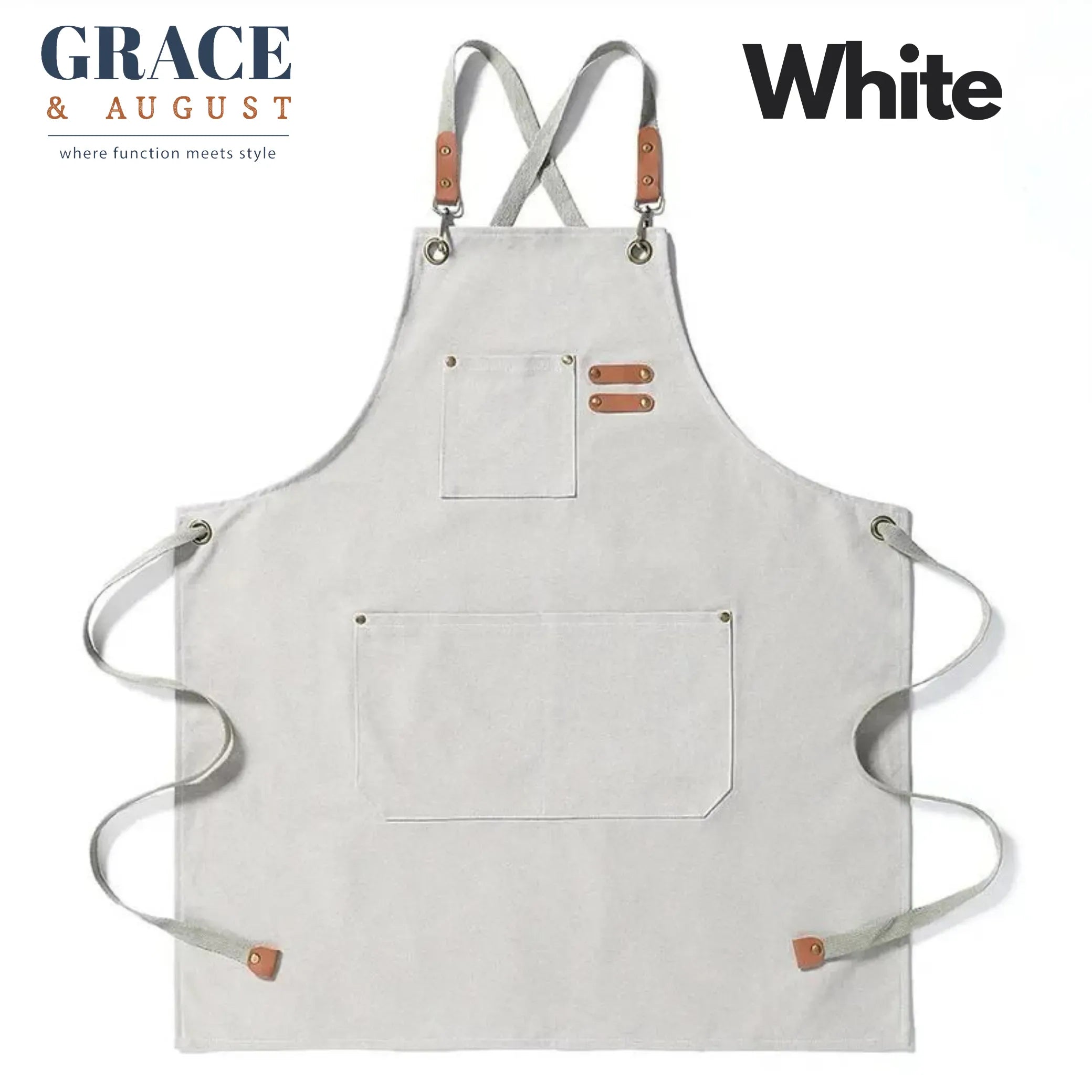Adjustable Cross-Back Canvas Apron | Durable with Large Pockets – Ideal for BBQ, Workshop, and Crafting white / OneSize Apron