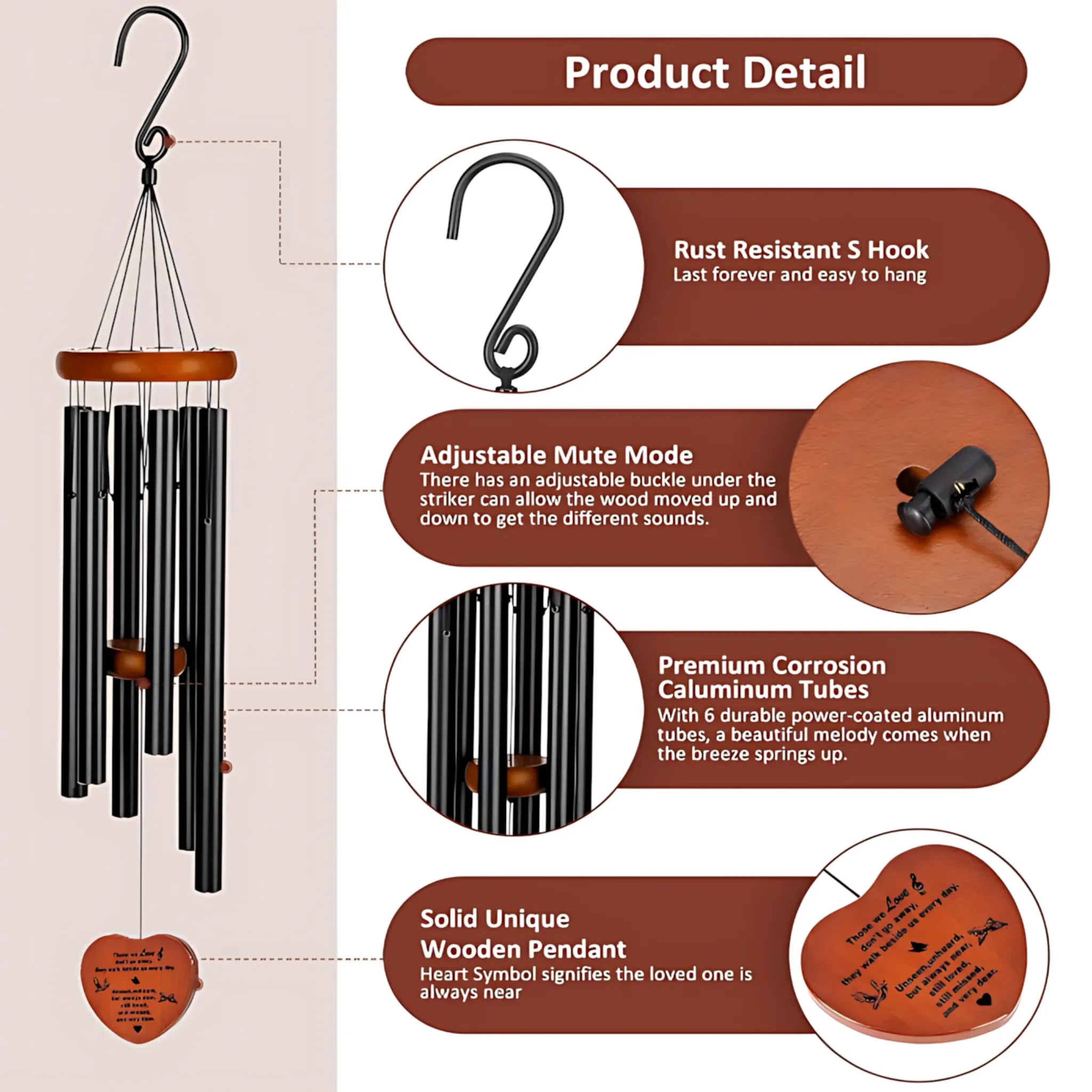 Aluminum Wind Chimes – 6-Tube, Soothing Outdoor Decor 64.7x8.1cm Wind Chime