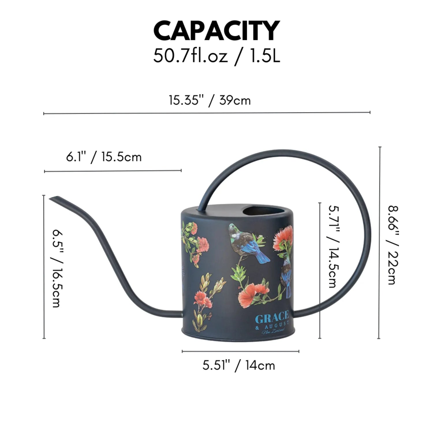 Black Tui Pōhutukawa Watering Can – 1.5L Stainless Steel Indoor Plant Watering Can Watering Can