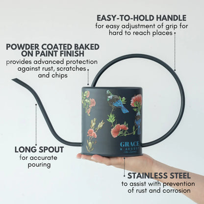 Black Tui Pōhutukawa Watering Can – 1.5L Stainless Steel Indoor Plant Watering Can Watering Can