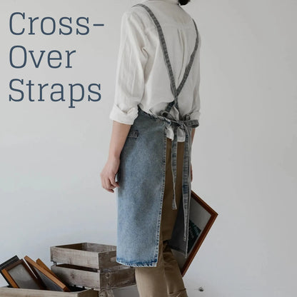 Denim Apron for Women and Men - Adjustable Cross-over Straps with Pockets, Suitable for Florist, Kitchen, Tools etc. Apron
