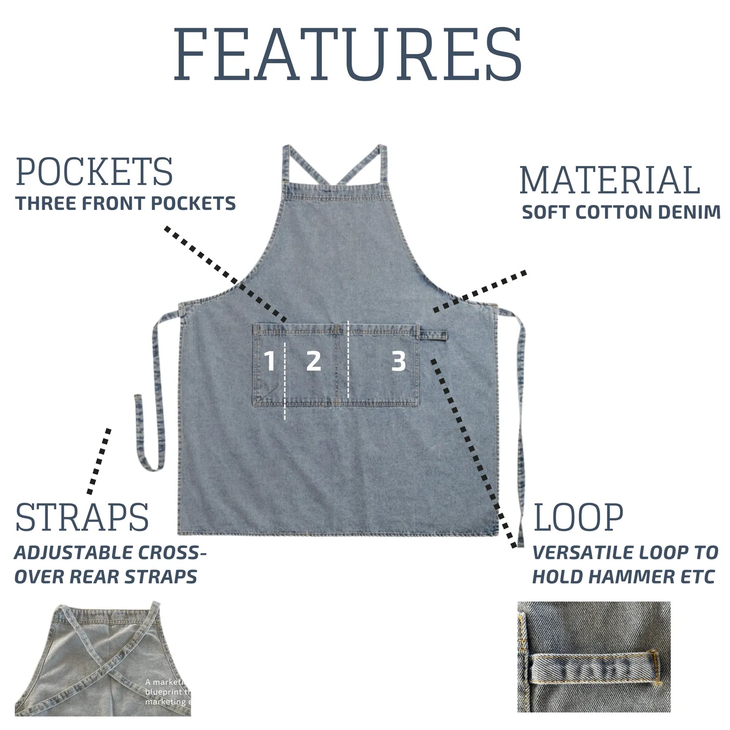 Denim Apron for Women and Men - Adjustable Cross-over Straps with Pockets, Suitable for Florist, Kitchen, Tools etc. Apron