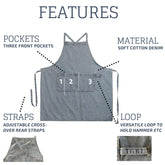 Denim Apron for Women and Men - Adjustable Cross-over Straps with Pockets, Suitable for Florist, Kitchen, Tools etc. Apron