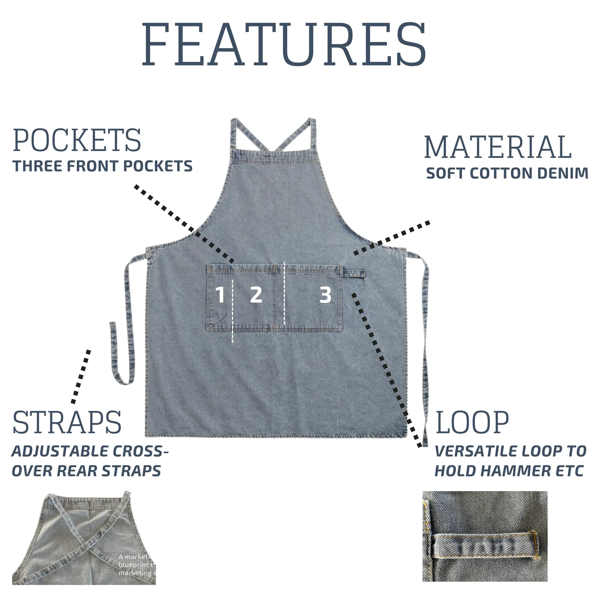 Denim Apron for Women and Men - Adjustable Cross-over Straps with Pockets, Suitable for Florist, Kitchen, Tools etc. Apron