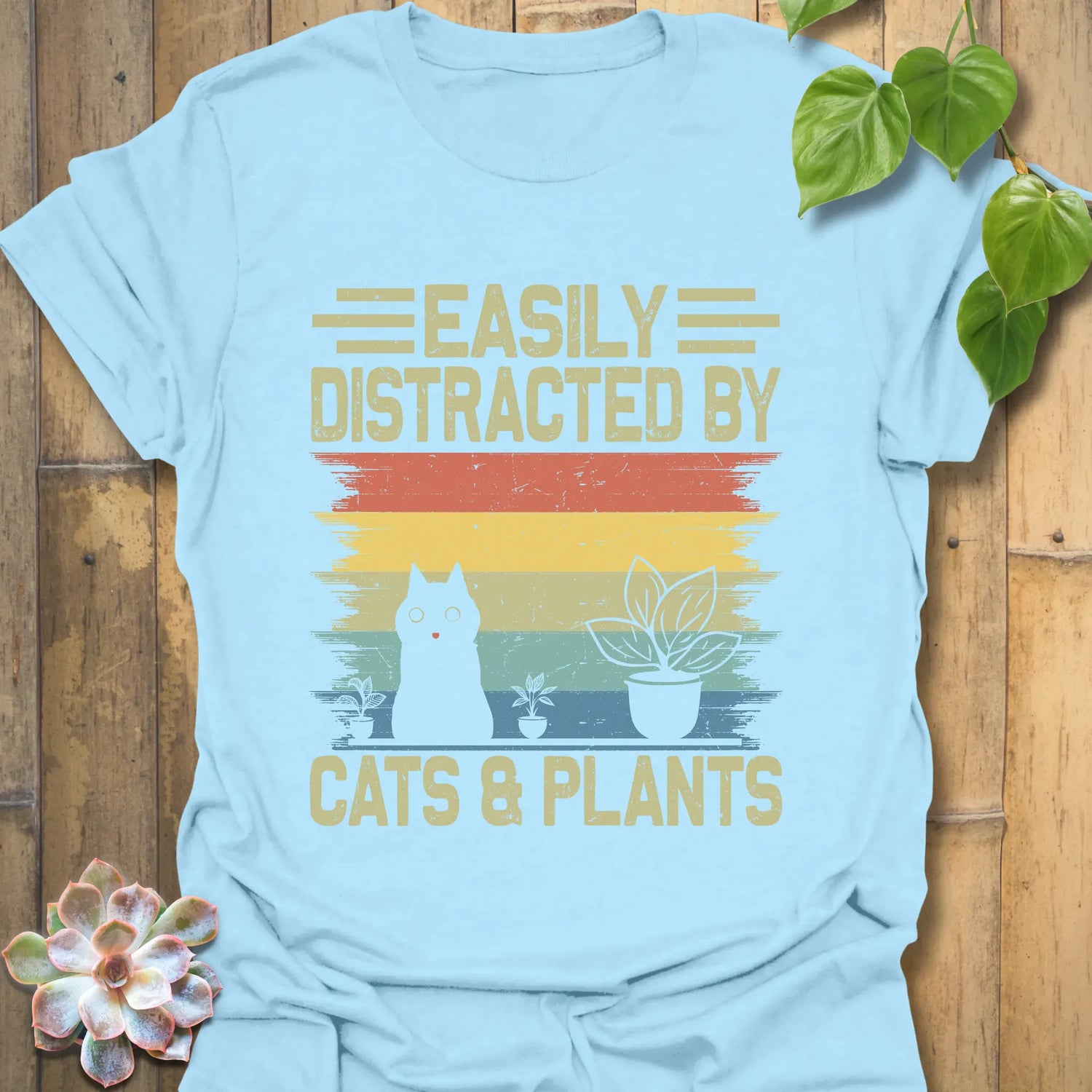 Distracted By Cats &amp; Plants T-Shirt Light Blue / S T-Shirt