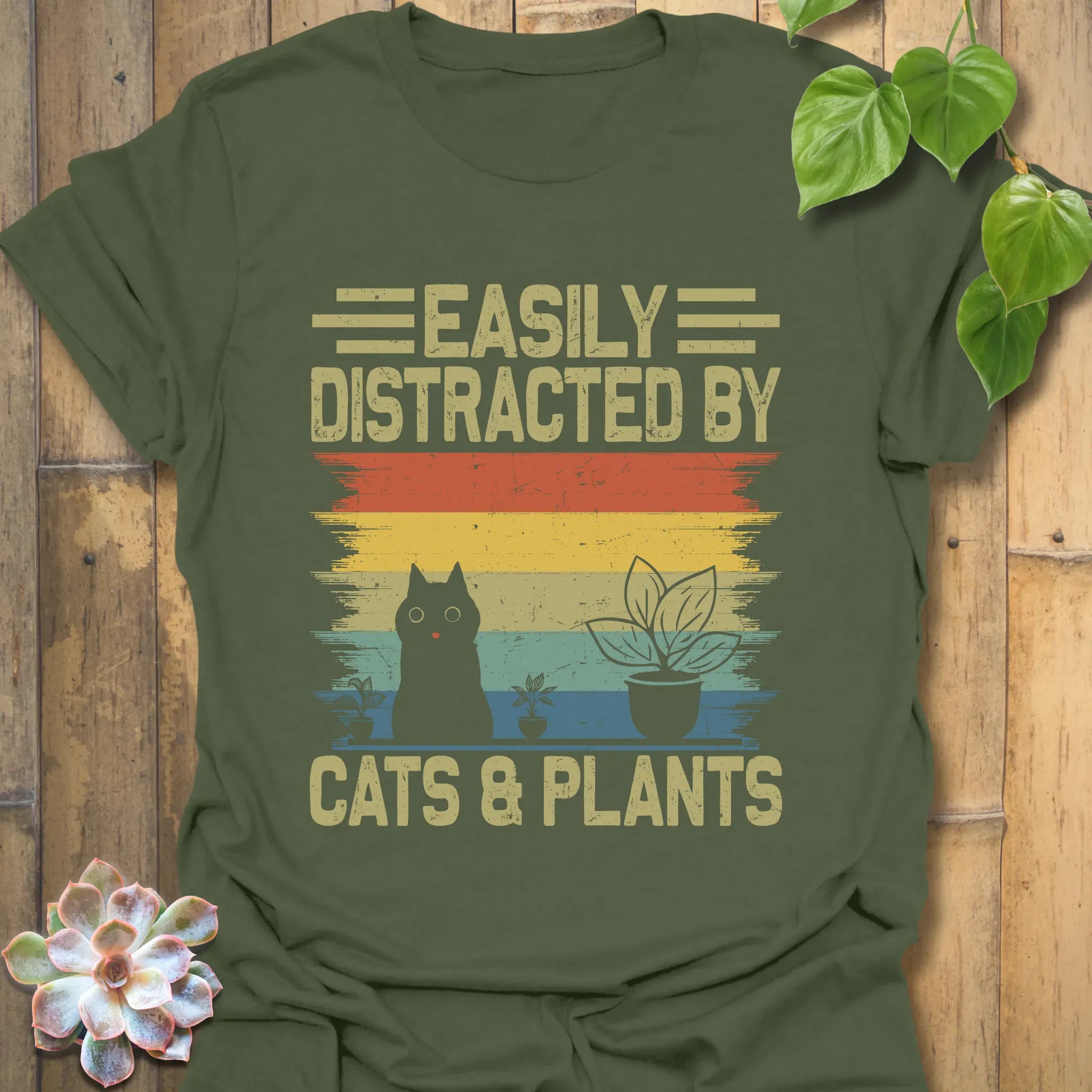 Distracted By Cats &amp; Plants T-Shirt Military Green / S T-Shirt