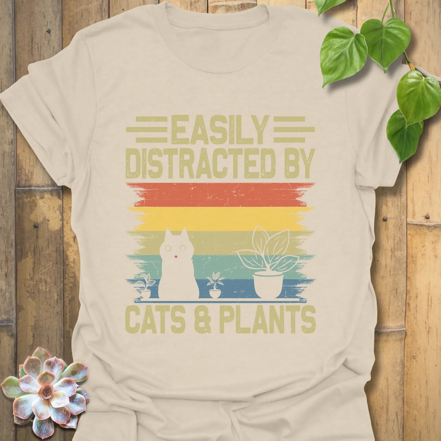 Distracted By Cats &amp; Plants T-Shirt Natural / S T-Shirt