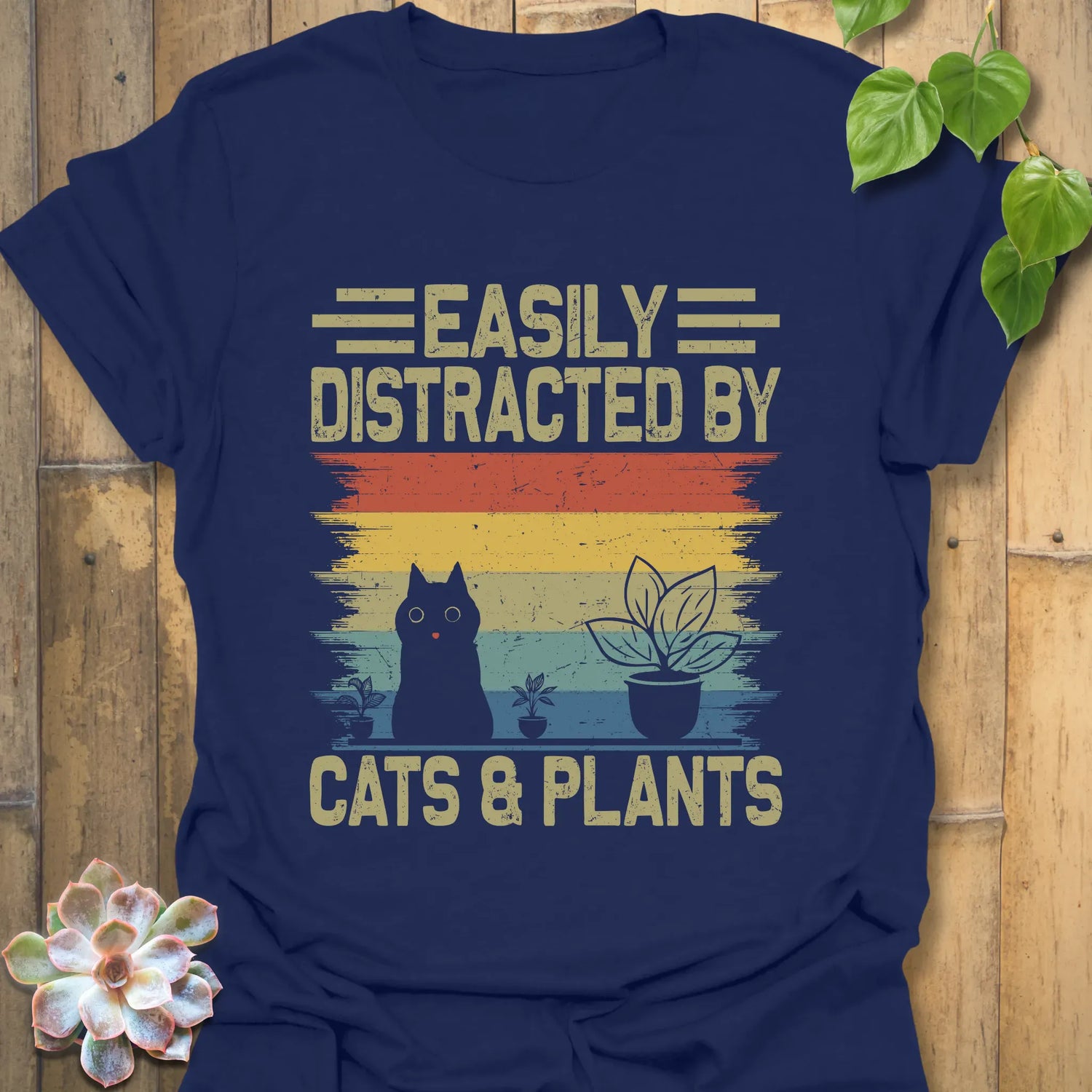 Distracted By Cats &amp; Plants T-Shirt Navy / S T-Shirt