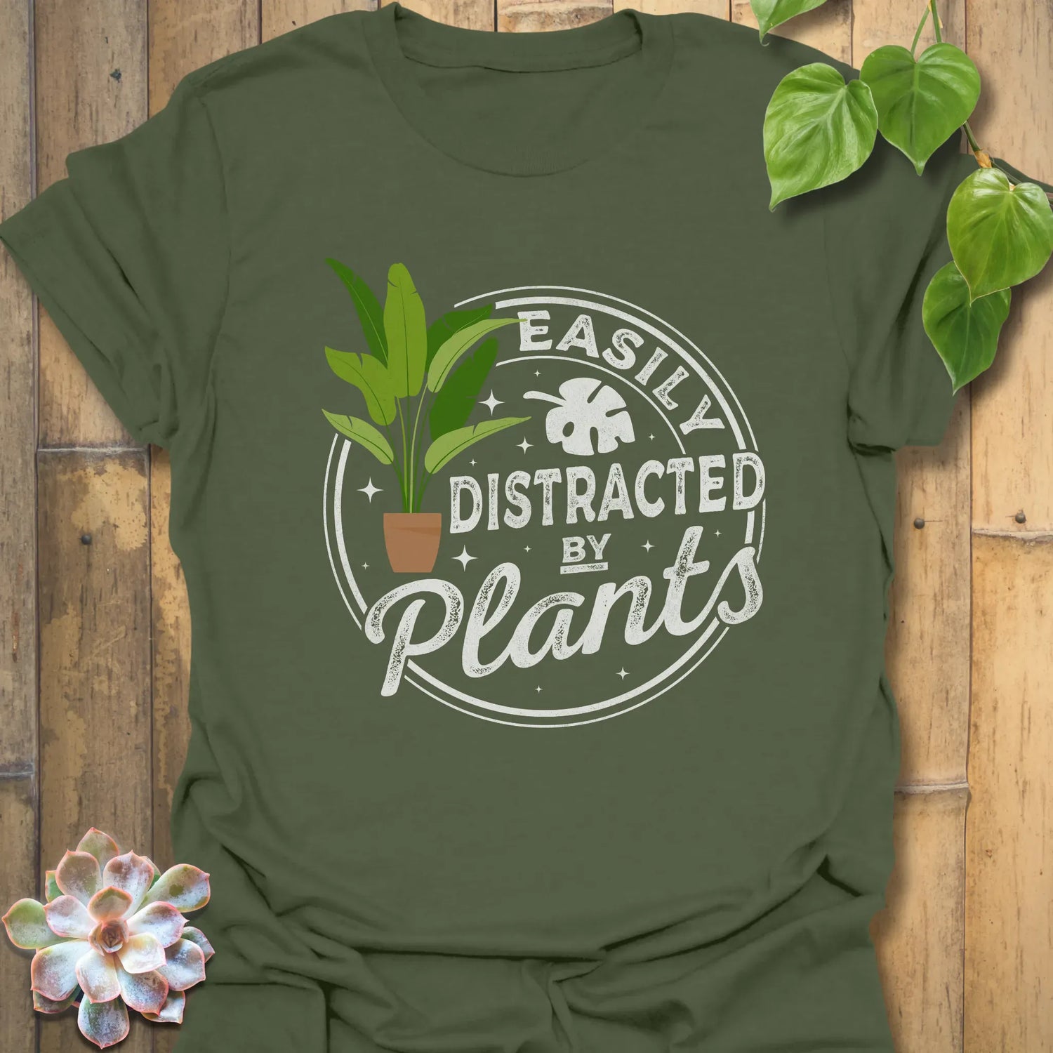 Distracted By Plants T-shirt Military Green / S T-Shirt