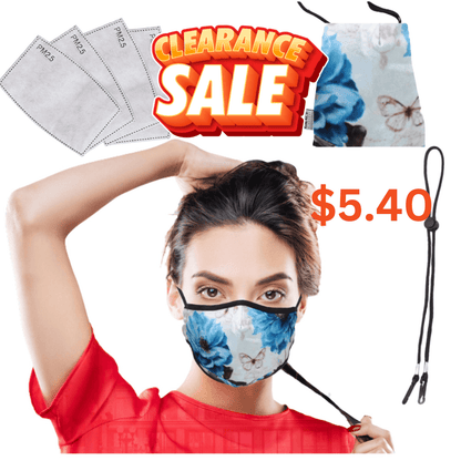 Fabric Face Mask Set - Premium 3 Layer  Reusable - Incl Matching bag, lanyard &amp; 4 PM2.5 filters - Blue Butterfly Face masks