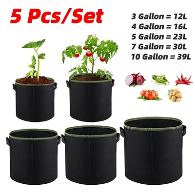 Fabric Grow Bags – 5Pcs Durable Felt Planters with Handles (3–10 Gal) Plant Pot