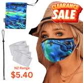 Face Mask with filter pocket, 4 filters, matching bag, and lanyard | 3 Layer Reusable Face Mask - NZ Paua Shell Face masks