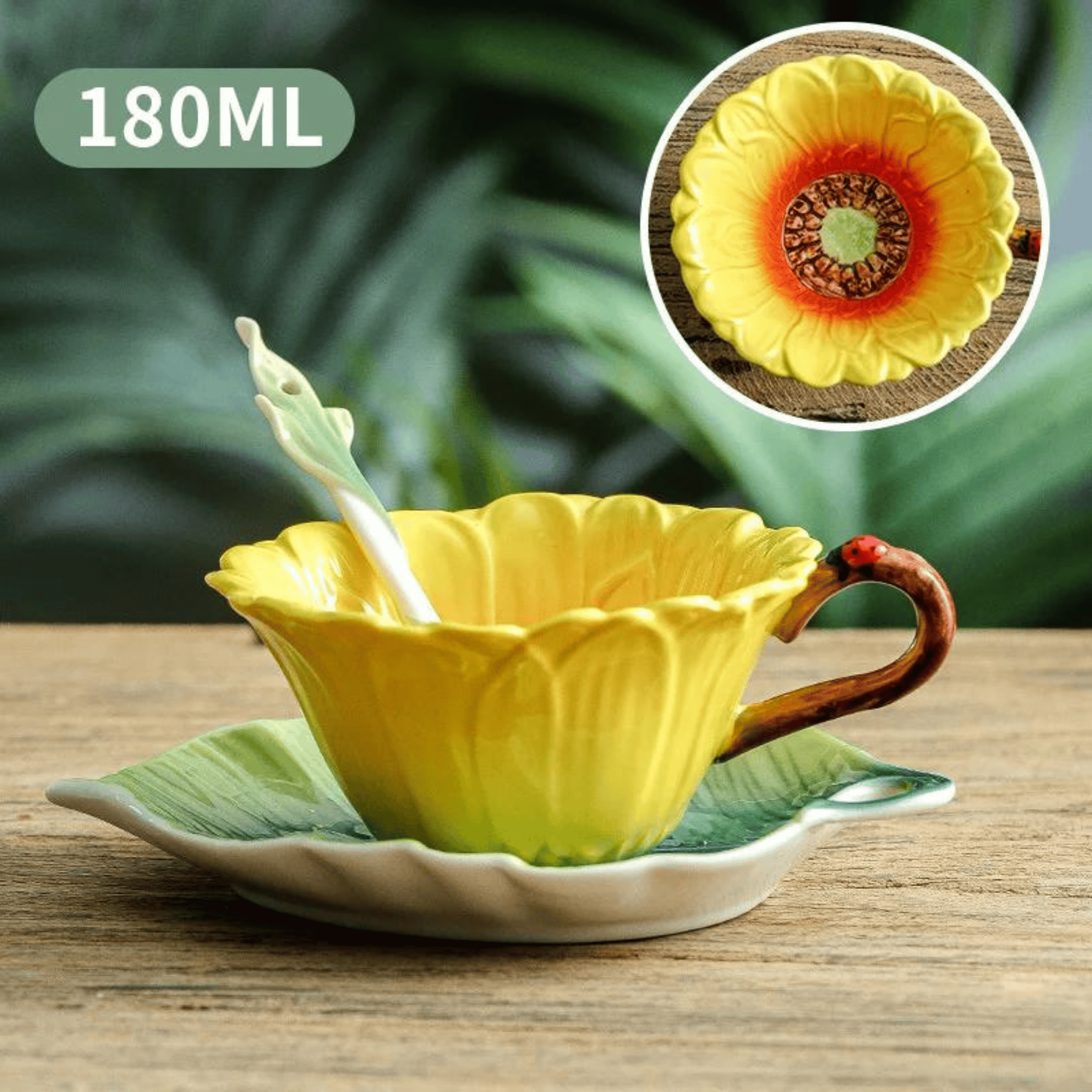 Floral Ceramic Coffee Mug Set with Leaf Saucer &amp; Spoon - 180ml A Coffee Mug