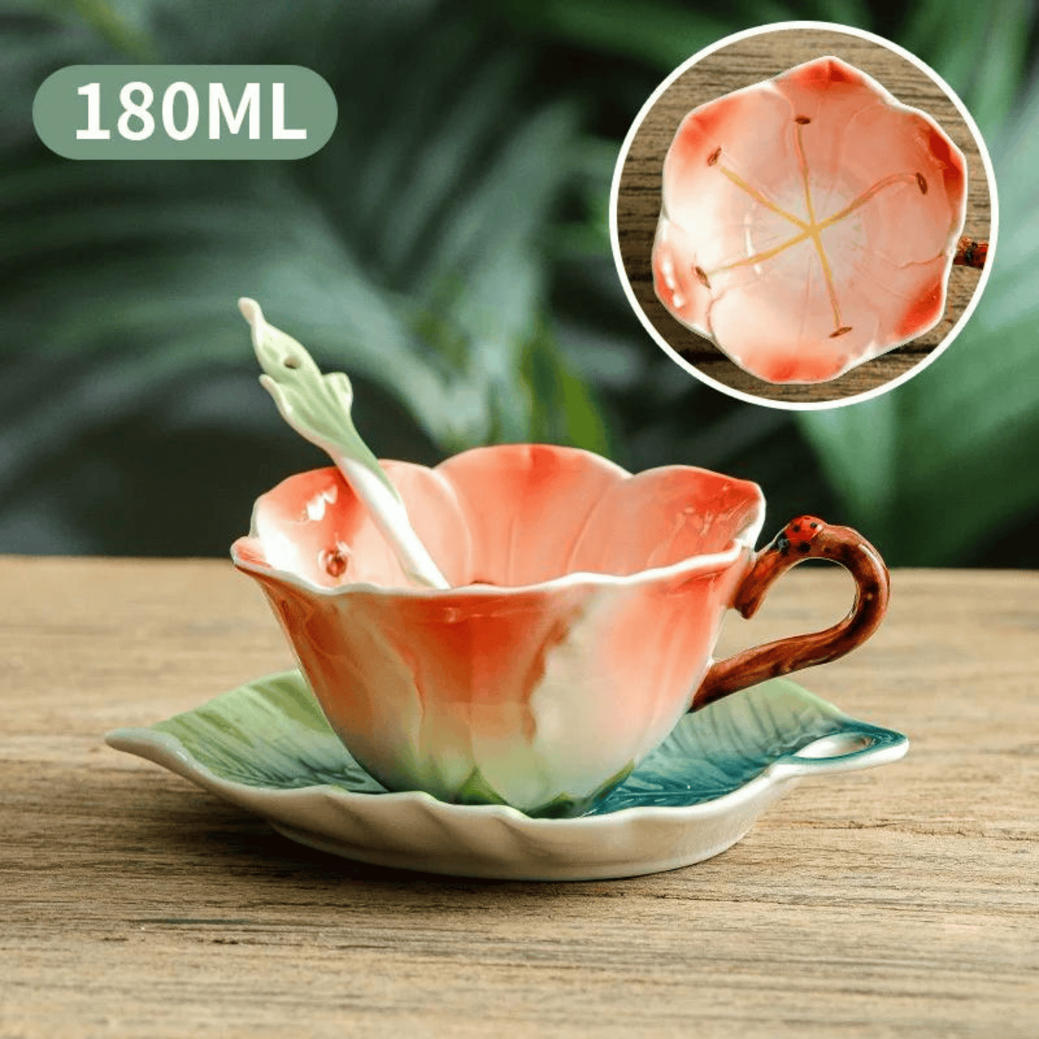 Floral Ceramic Coffee Mug Set with Leaf Saucer &amp; Spoon - 180ml C Coffee Mug