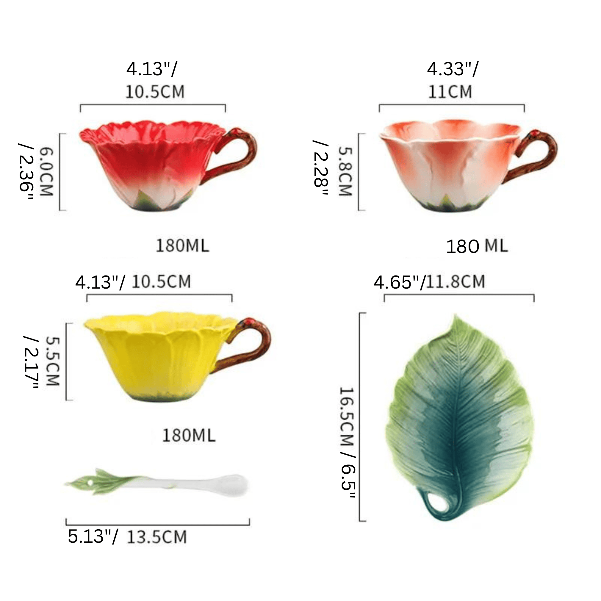 Floral Ceramic Coffee Mug Set with Leaf Saucer &amp; Spoon - 180ml Coffee Mug