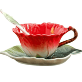 Floral Ceramic Coffee Mug Set with Leaf Saucer & Spoon - 180ml Coffee Mug