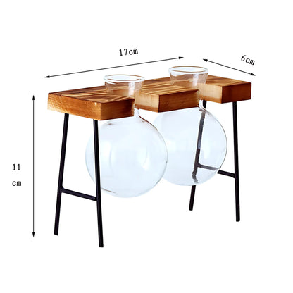 Hydroponic Glass Vase with Wooden Frame Double bottle Glass Vase