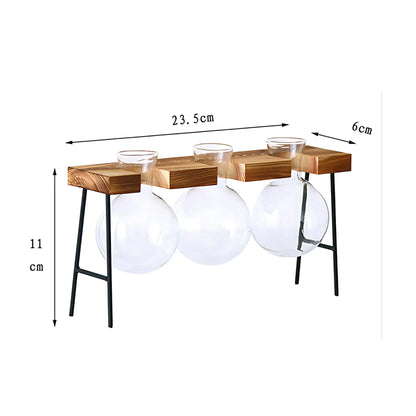 Hydroponic Glass Vase with Wooden Frame Three bottles Glass Vase