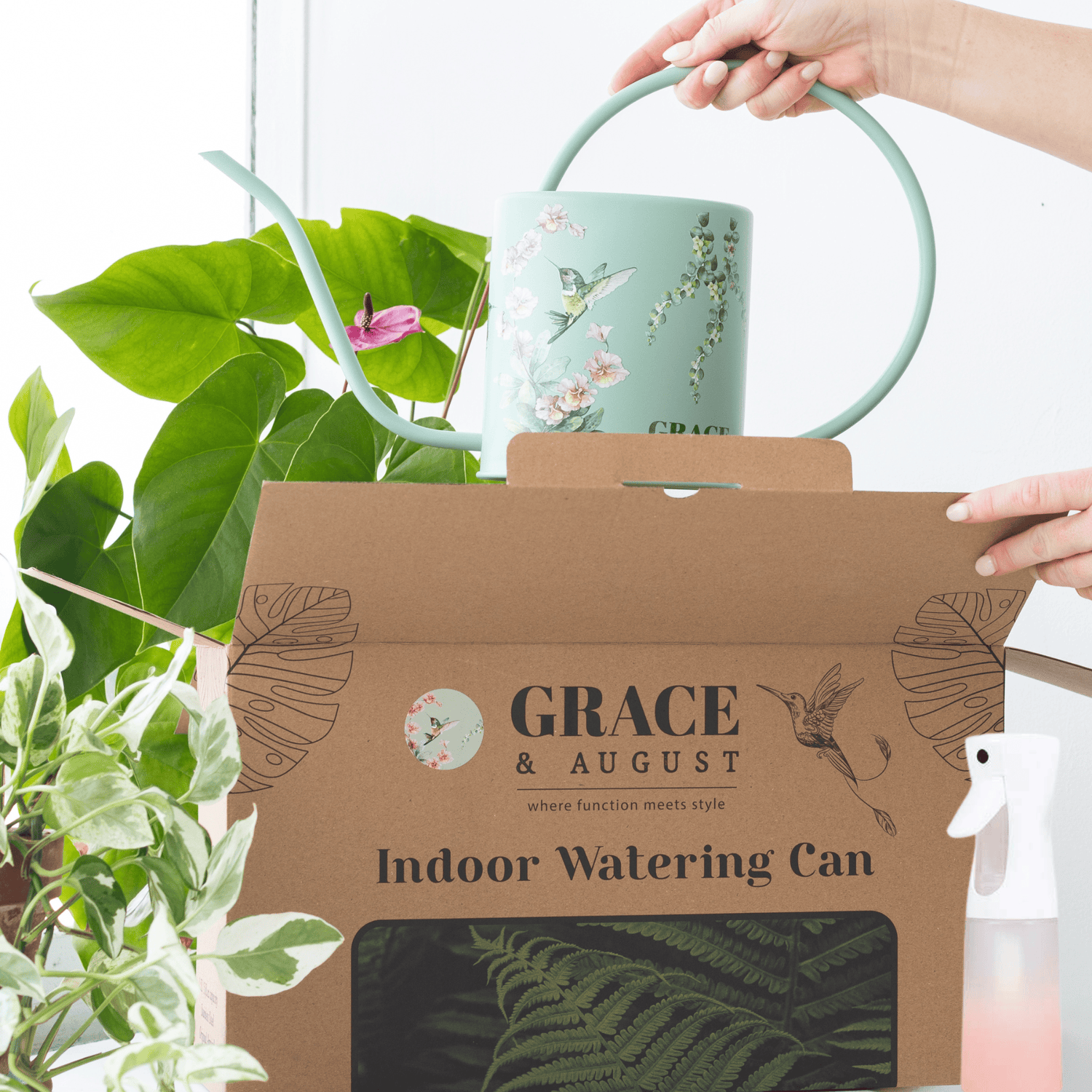 Indoor Watering Can Sage Green Hummingbird Design – 1.5L Stainless Steel Watering Can