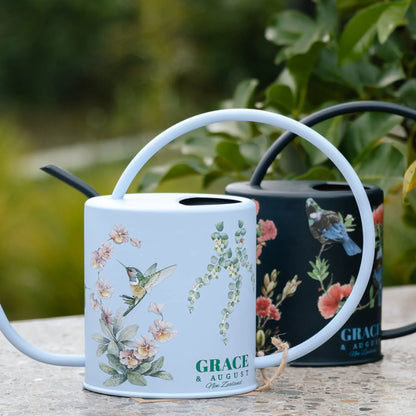 Indoor Watering Can - Stainless Steel 1.5L -Singing Hummingbirds Print Blue Watering Can