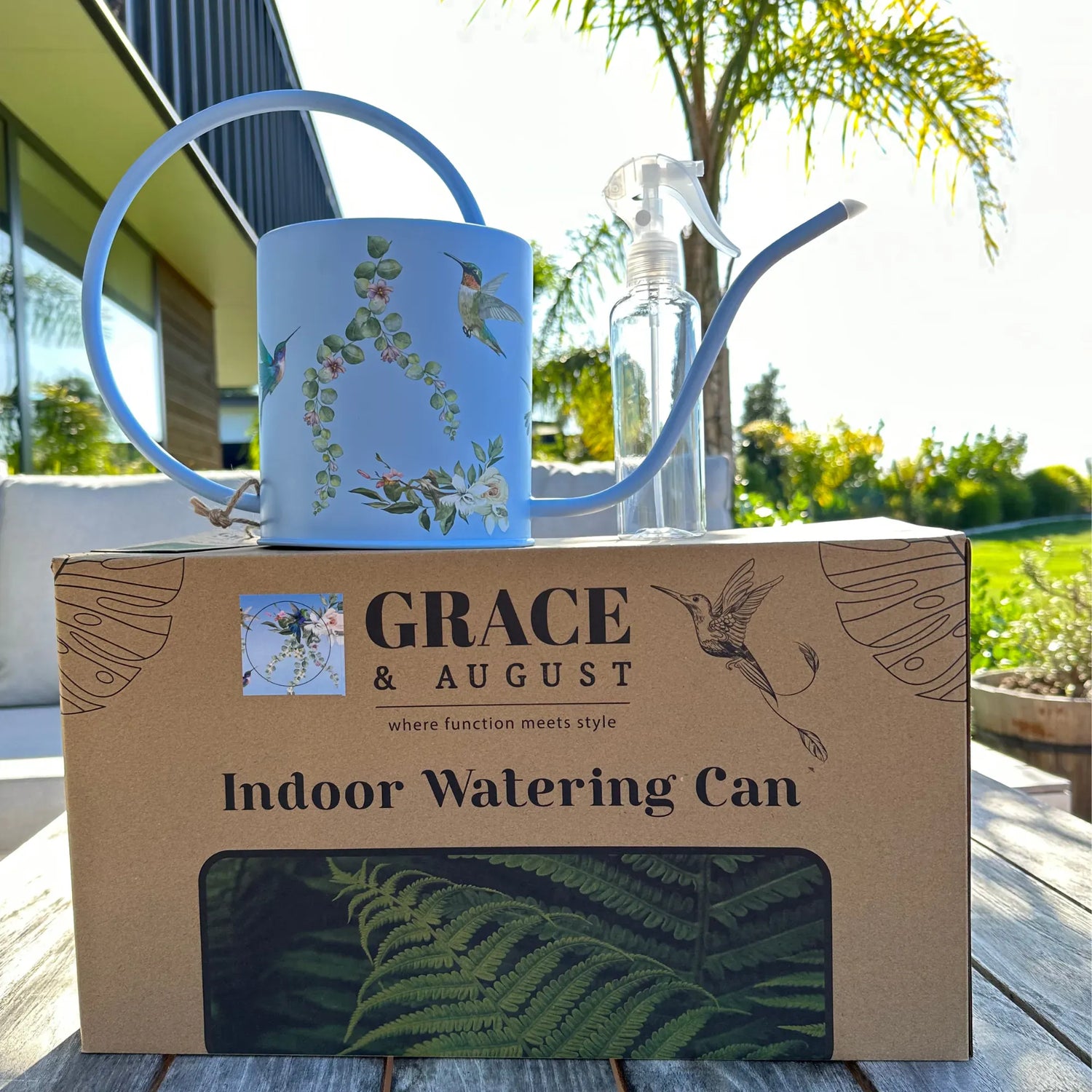 Indoor Watering Can - Stainless Steel 1.5L -Singing Hummingbirds Print Blue Watering Can