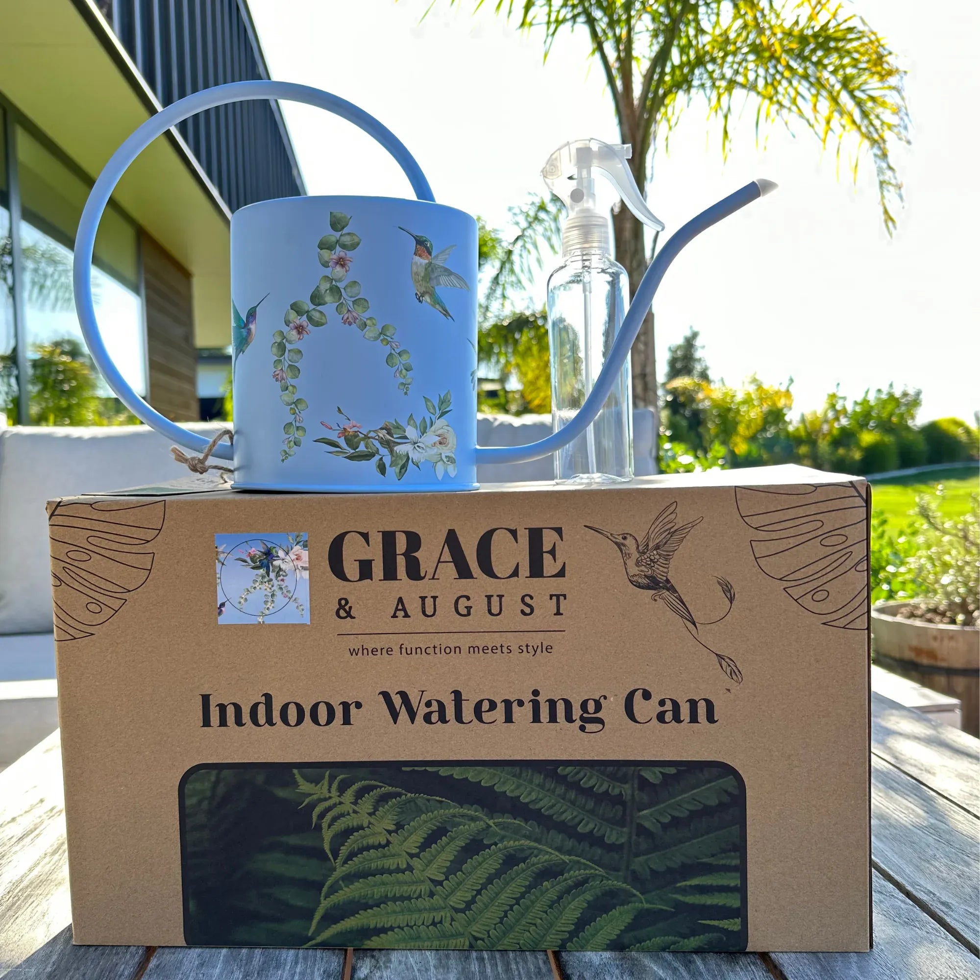 Indoor Watering Can - Stainless Steel 1.5L -Singing Hummingbirds Print Blue Watering Can