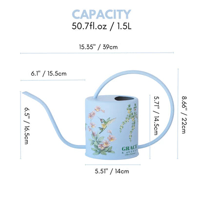 Indoor Watering Can - Stainless Steel 1.5L -Singing Hummingbirds Print Blue Watering Can