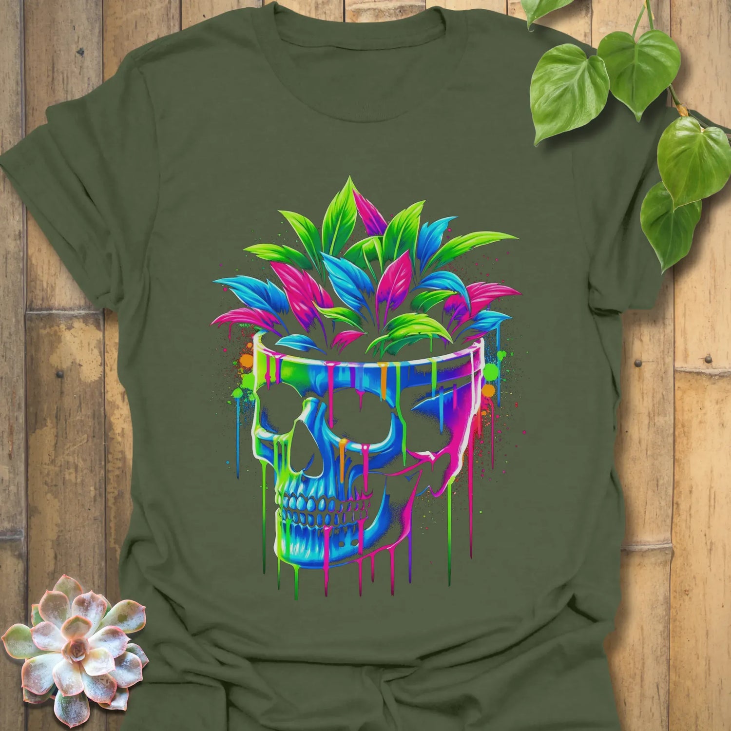 Neon Bloom Skull T-shirt Military Green / S T-Shirt