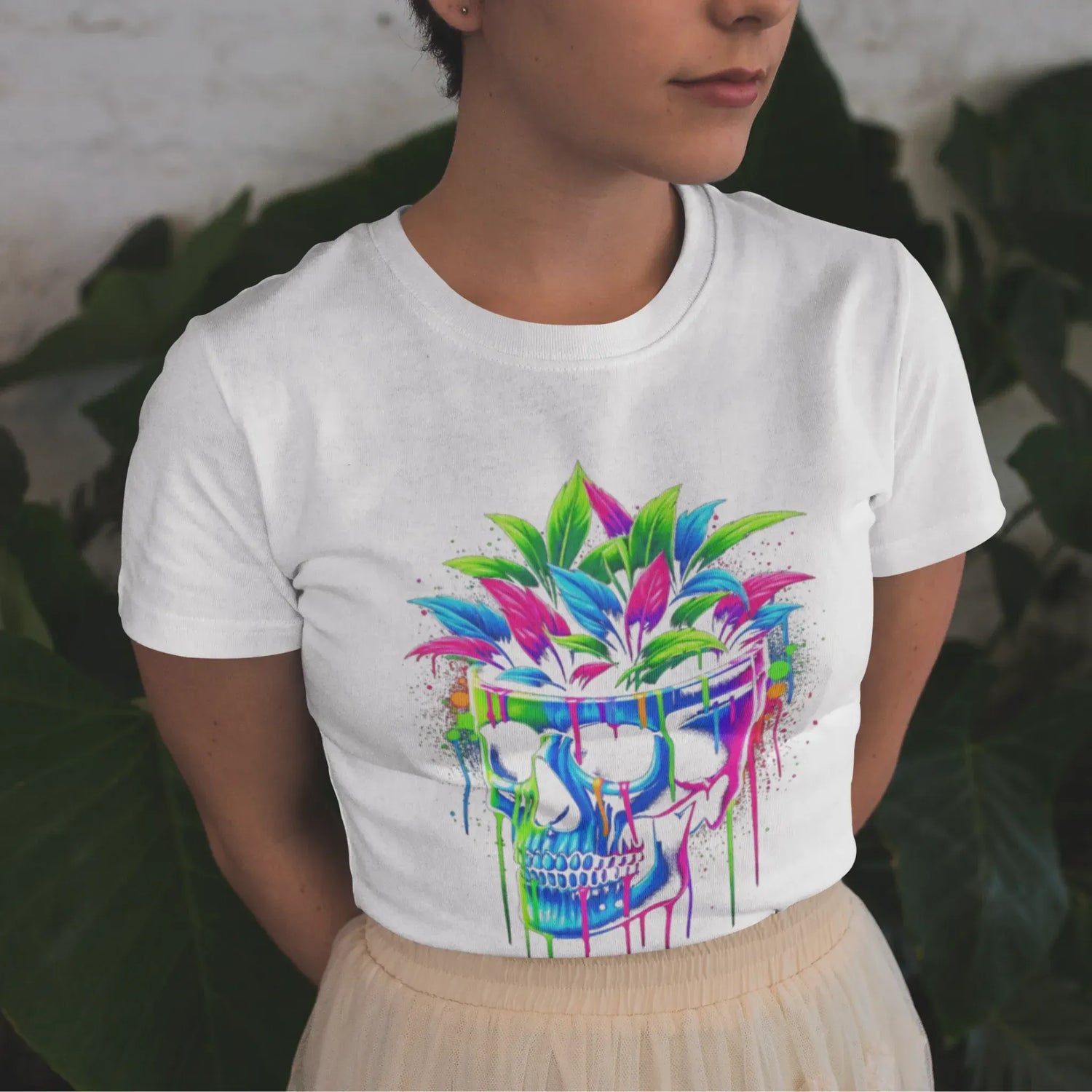 Neon Bloom Skull T-shirt White / S T-Shirt