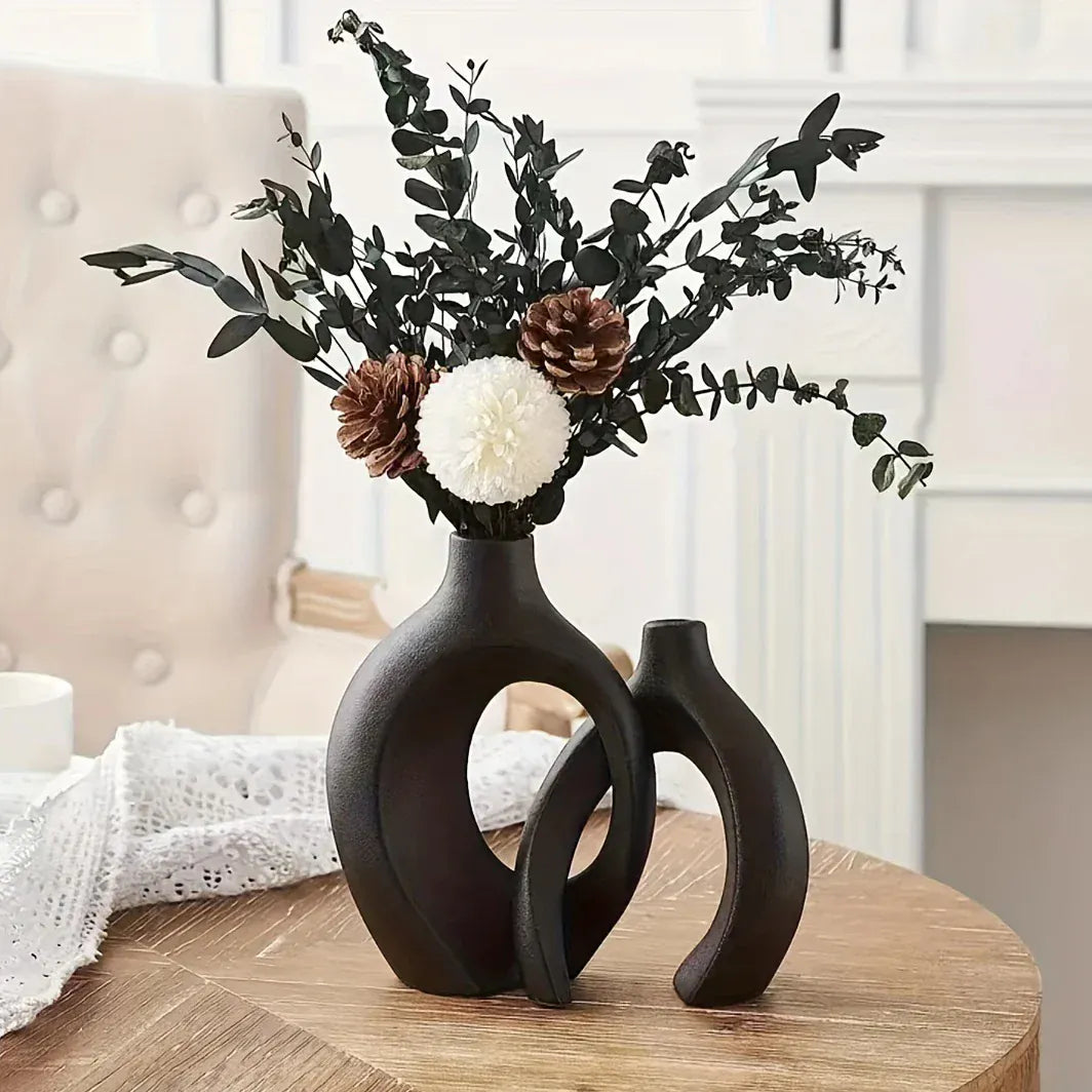 Nordic Modern Boho Hollow Ceramic Vases - Handmade Milky White Decorative Flower Vases for Home Décor Set of 2 Black vase