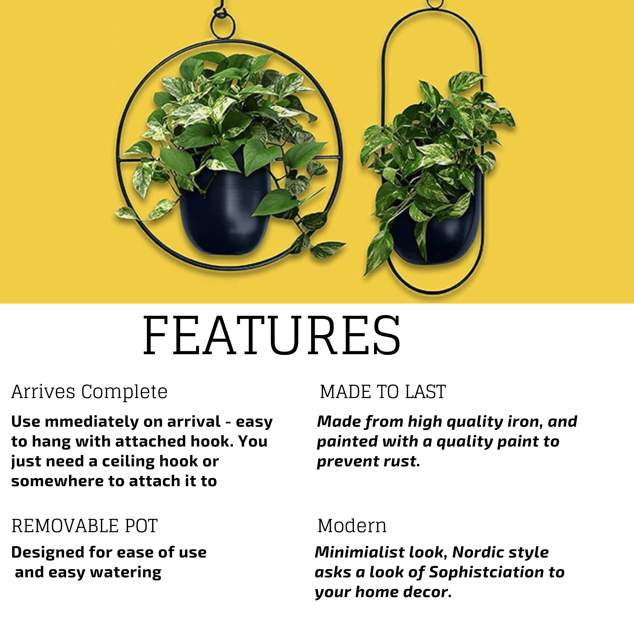 Nordic Style Metal Plant Hanger - Sturdy &amp; Durable Hanging Pots Plant holder