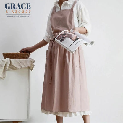 Pinafore Cotton Vintage Cross Back Apron with Pockets for Women Smoke Pink apron