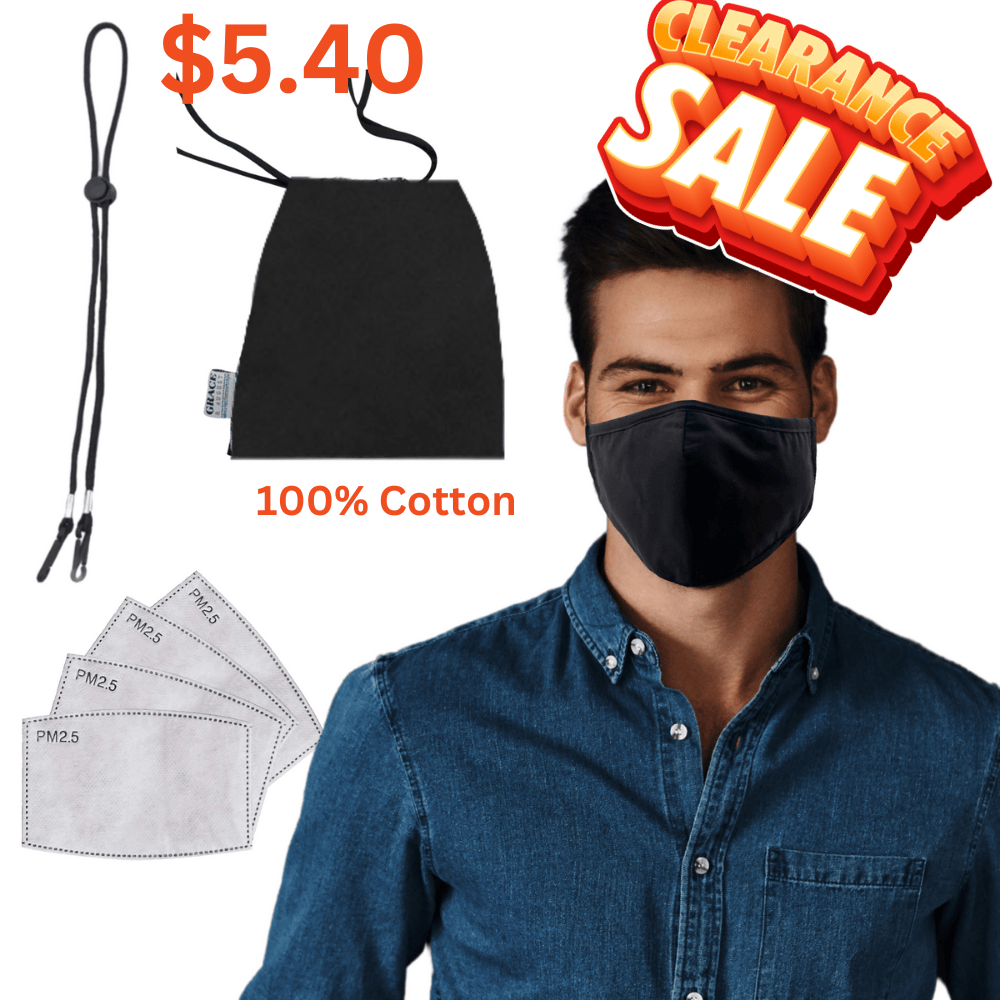 Premium Face Mask Set - 3 Layer 100% Cotton Reusable - Matching bag, lanyard, 4xPM2.5 filters - Black Face masks