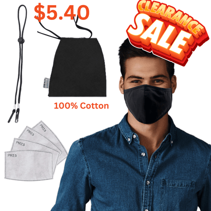 Premium Face Mask Set - 3 Layer 100% Cotton Reusable - Matching bag, lanyard, 4xPM2.5 filters - Black Face masks