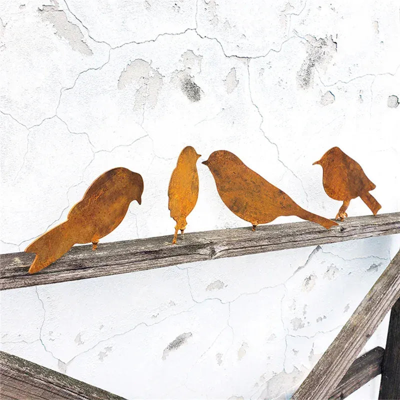 Rusty Metal Bird Ornaments - Set of 4 Lifelike Patina Metal Bird Silhouettes - Garden Fence Metal Art 4pcs set Metal Garden Art