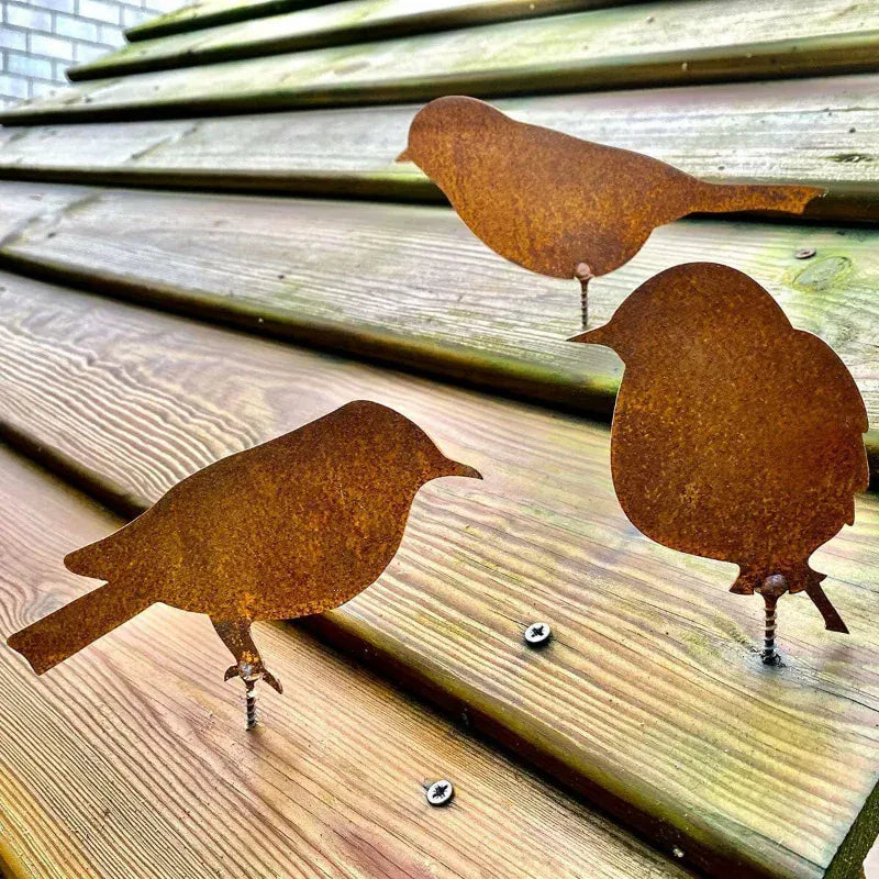 Rusty Metal Bird Ornaments - Set of 4 Lifelike Patina Metal Bird Silhouettes - Garden Fence Metal Art 4pcs set Metal Garden Art