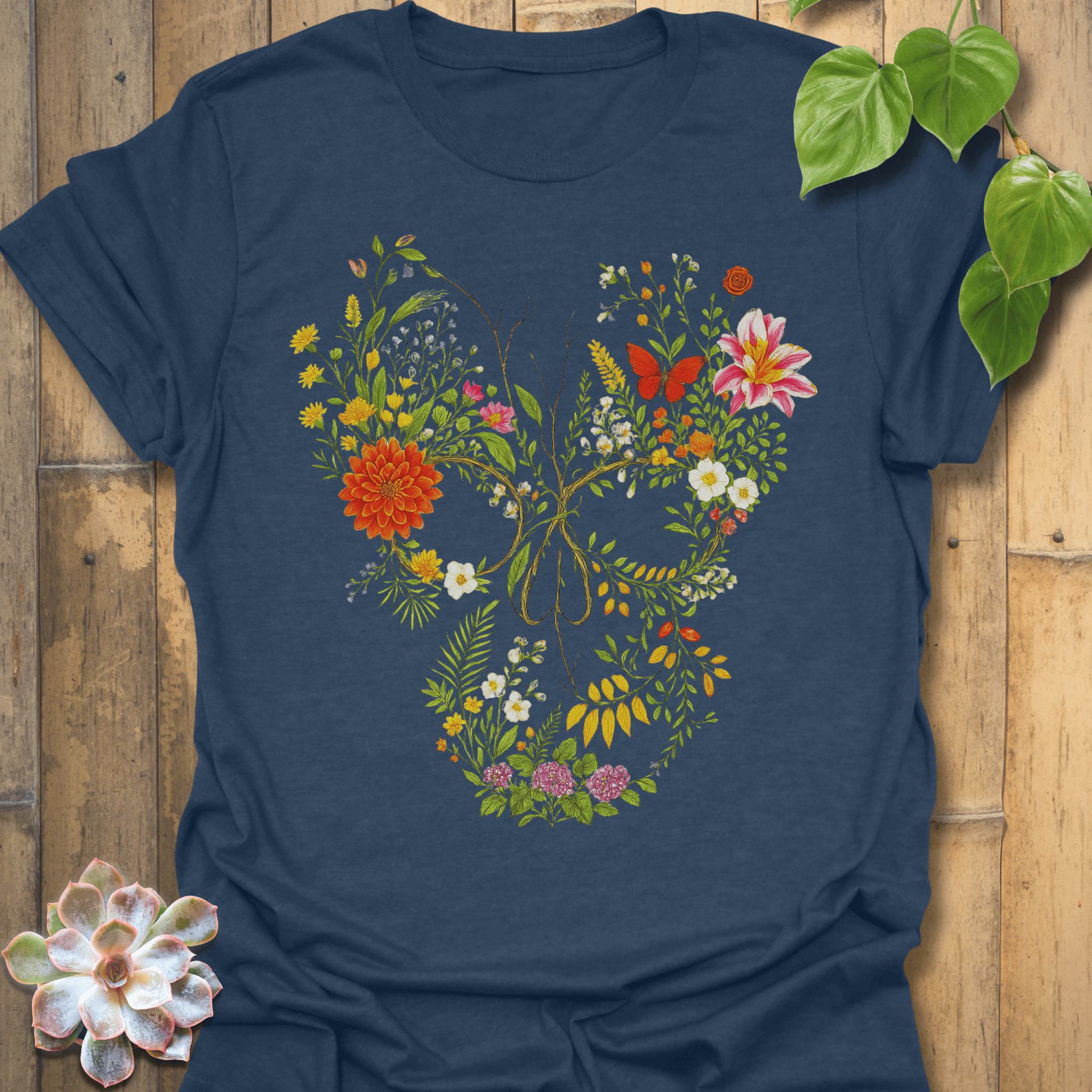 Skull in Bloom T-shirt Heather Navy / S T-Shirt