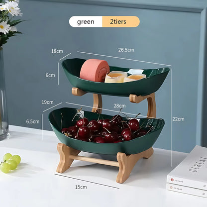 Wooden Fruit Bowl – Partitioned Serving Tray for Snacks &amp; Cake Green 2tiers Wooden Fruit Bowl