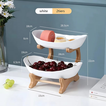 Wooden Fruit Bowl – Partitioned Serving Tray for Snacks &amp; Cake White 2tiers Wooden Fruit Bowl