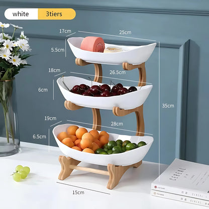 Wooden Fruit Bowl – Partitioned Serving Tray for Snacks &amp; Cake White 3tiers Wooden Fruit Bowl