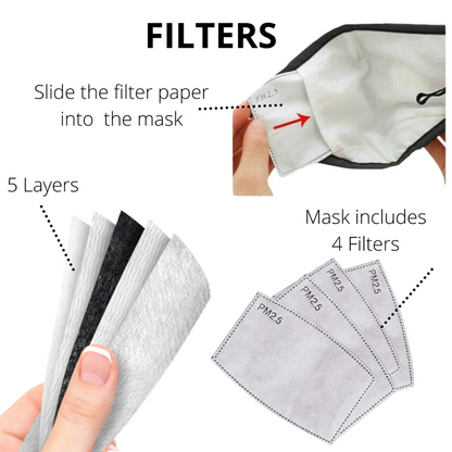 Premium Face Mask Set - 3 Layer 100% Cotton Reusable - Matching bag, lanyard, 4xPM2.5 filters - Black