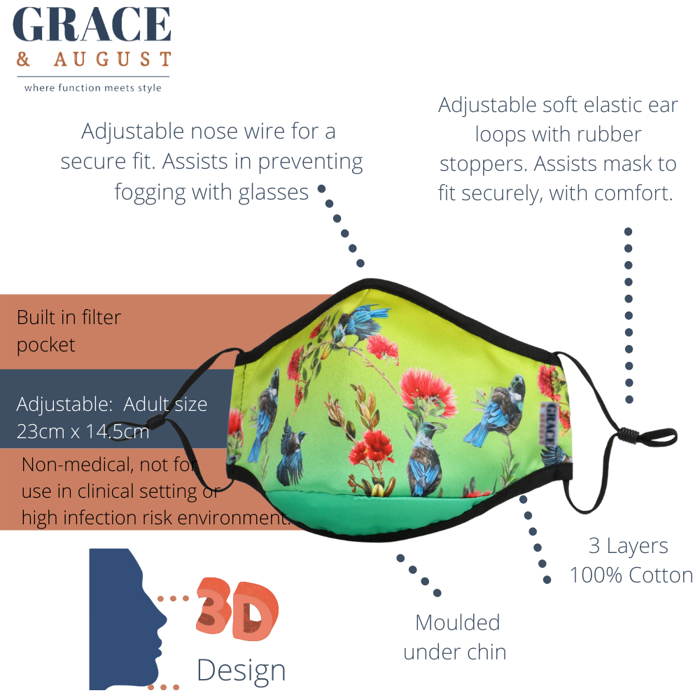 NZ Edition -Original Patterns -  Premium Face Mask Set - 3 Layer Reusable Face Mask - Tui&